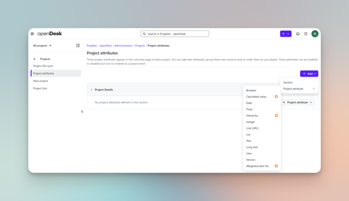 Project attributes in openDesk