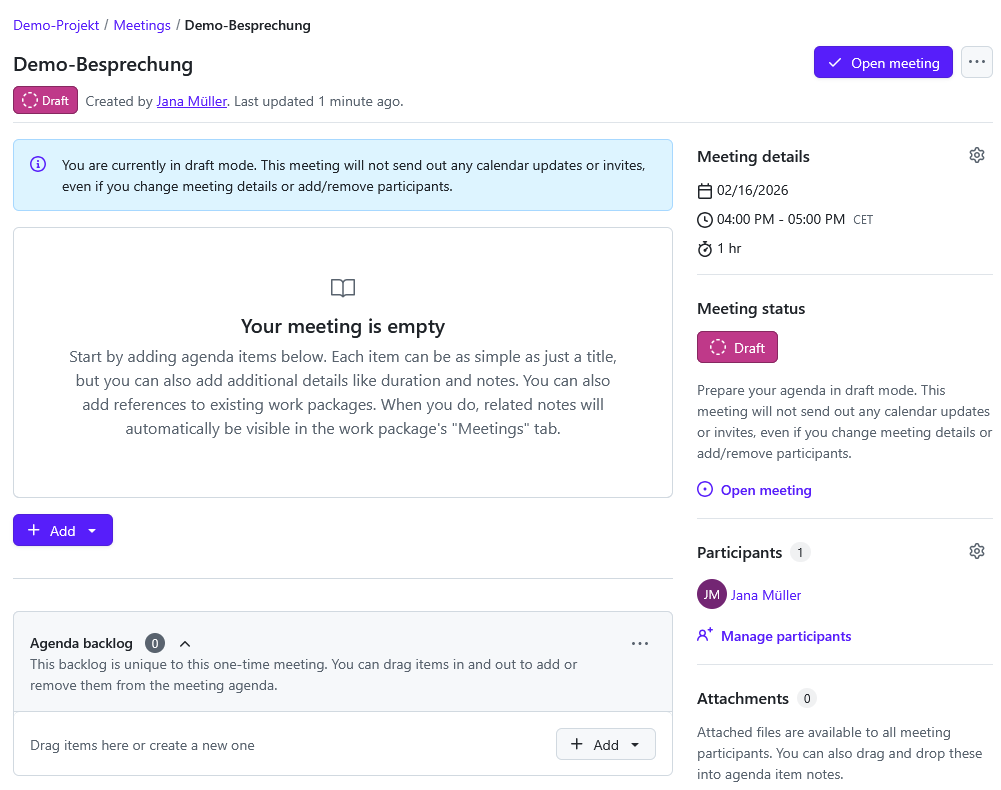 Draft mode for meetings