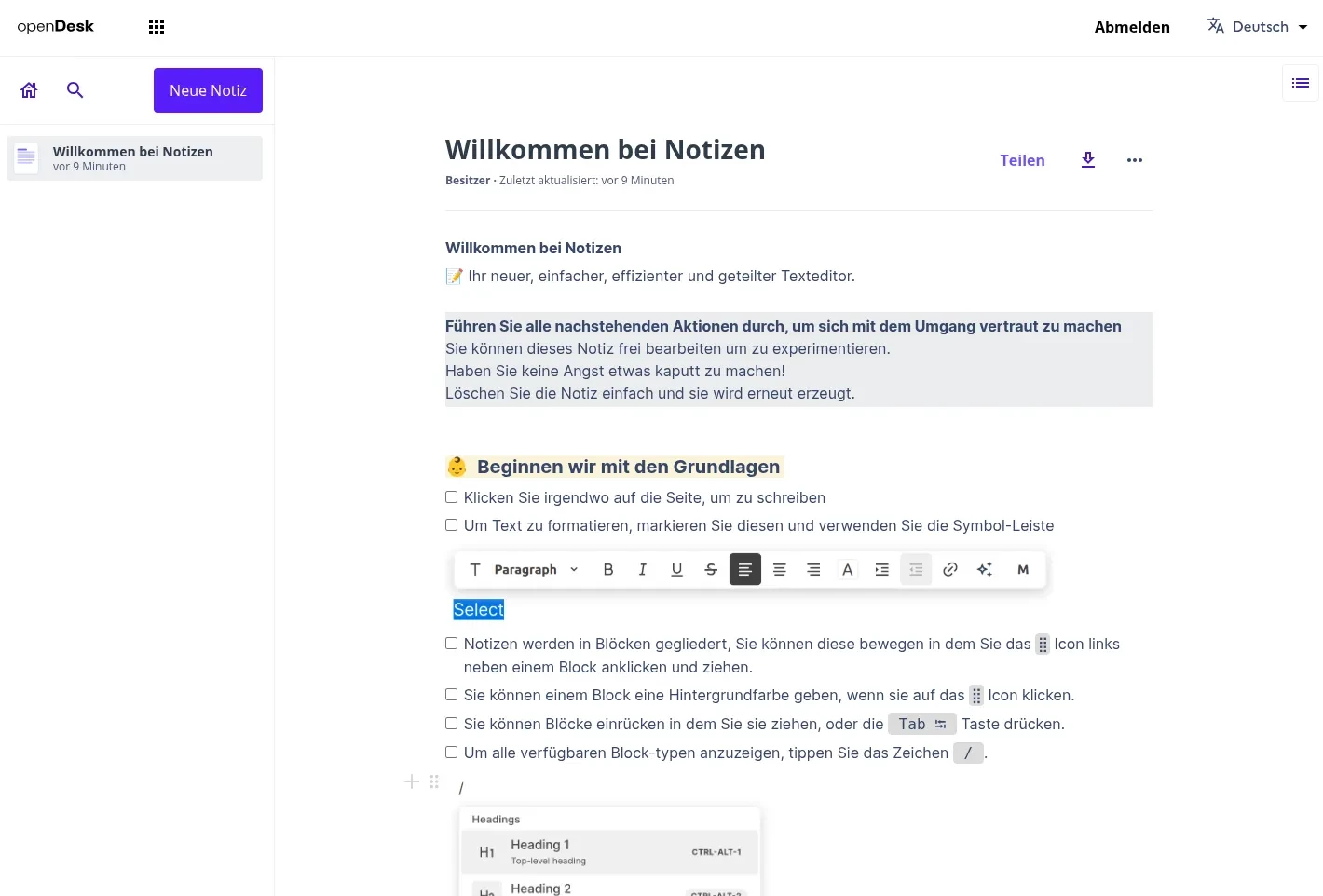 Notes feature in openDesk