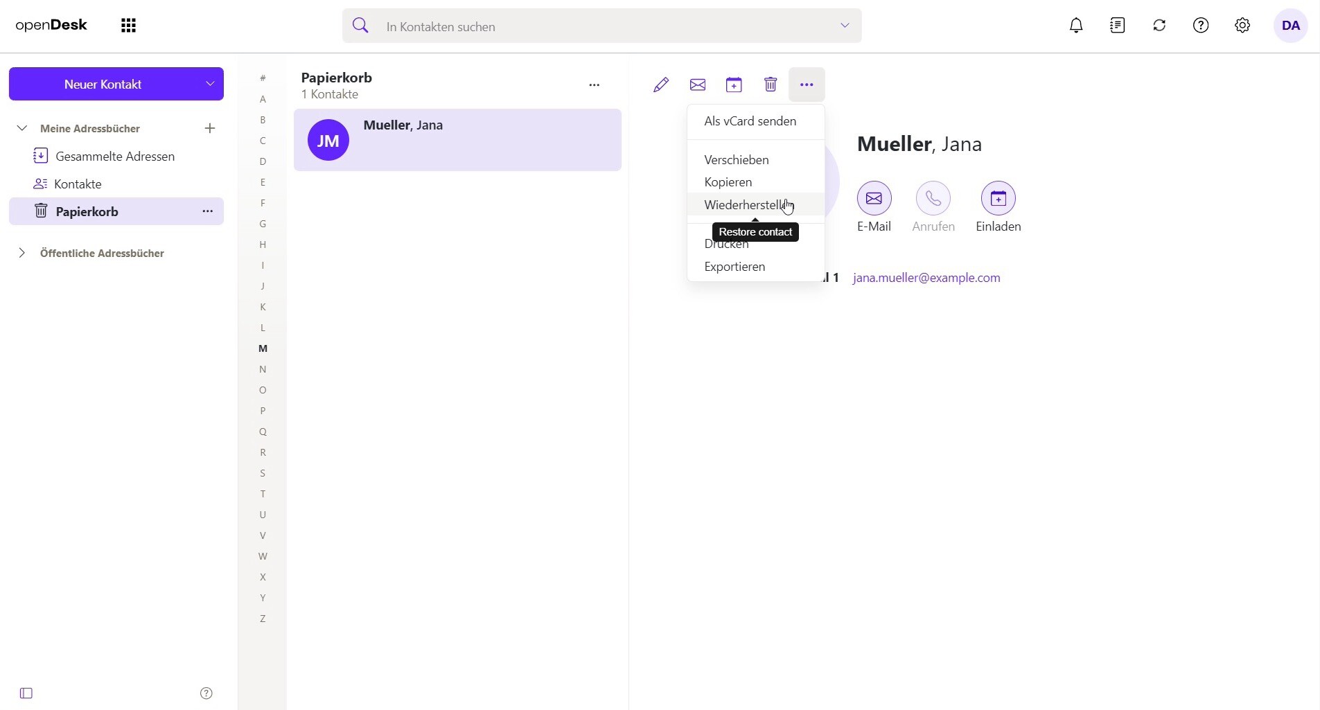 Gelöschte Kontakte lassen sich in openDesk leicht wiederherstellen.