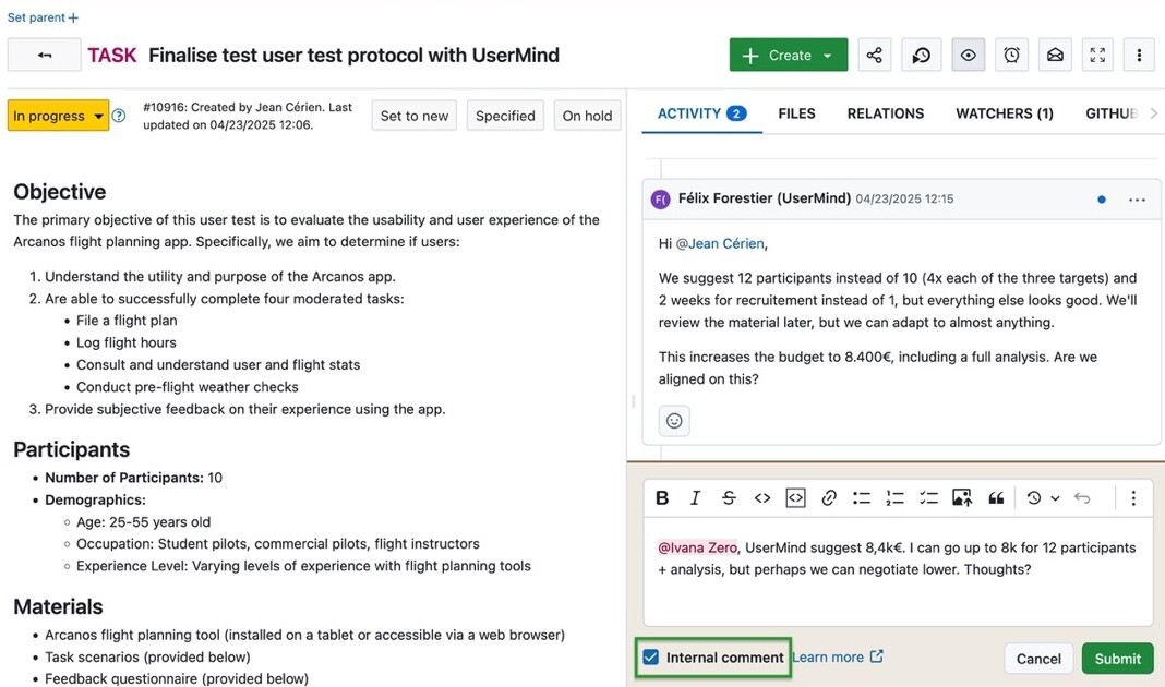 internal comment function in openProject 16.0