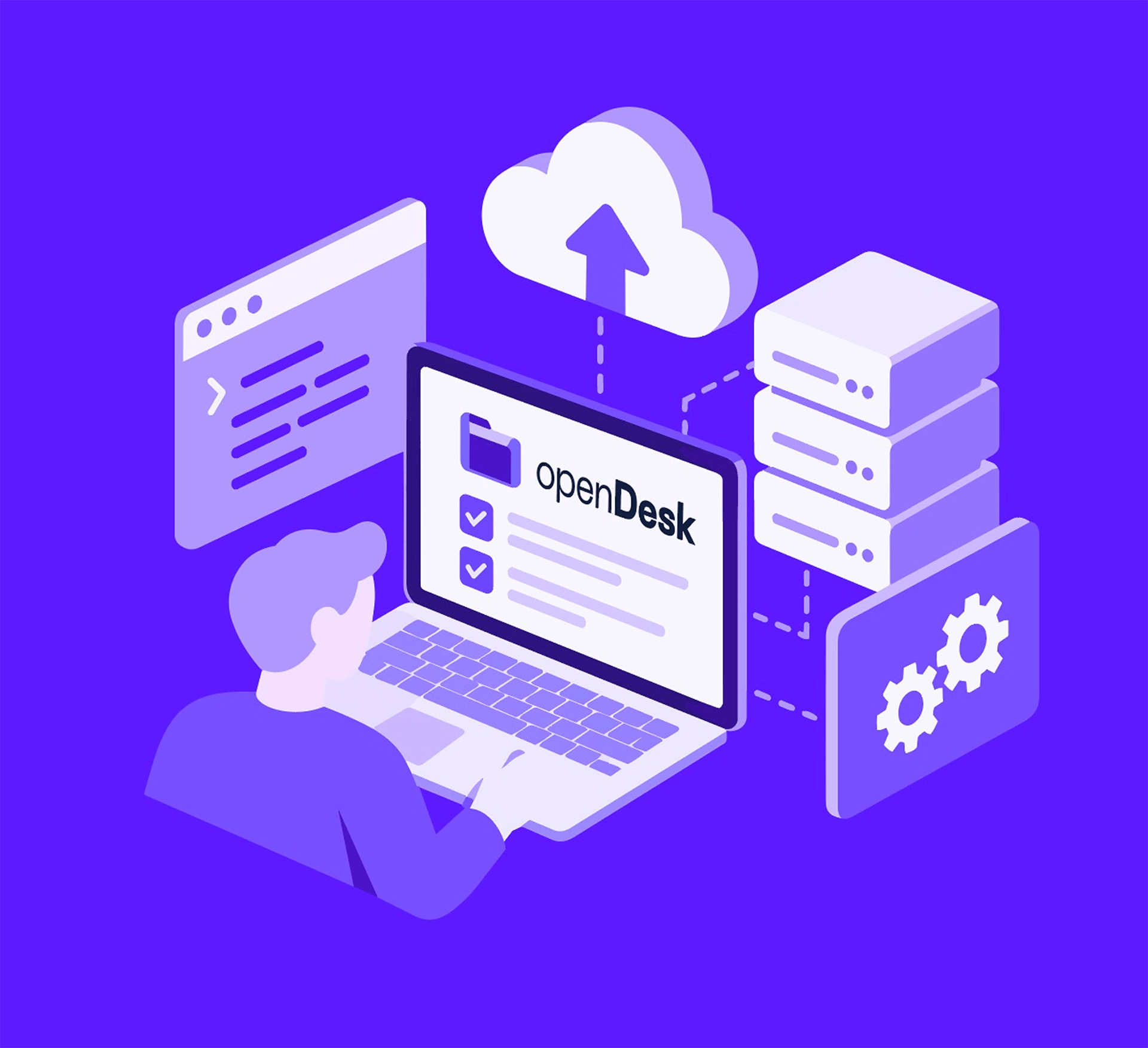 Grafik: Figur sitzt vor einem Laptop, auf dem das openDesk-Logo zu sehen ist. Drumherum sind Symbole für Server, Cloud und Einstellungen. 